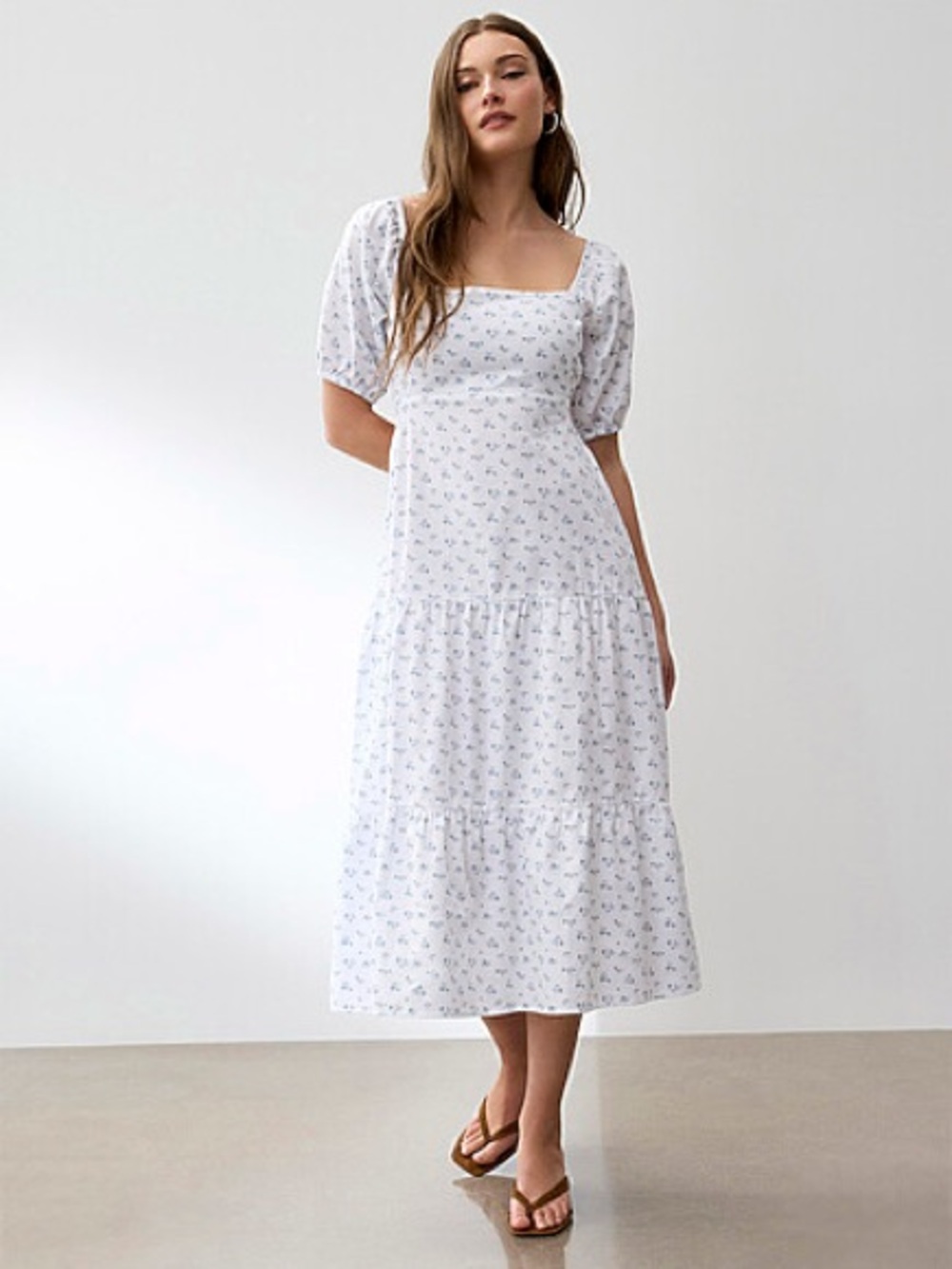 Icone by Simons- White Floral Square-Neck Midi Dress organic cotton